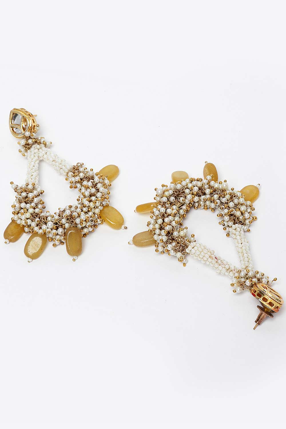 Yellow And Gold Gold-Plated Kundan And Pearls Chandbali Earrings