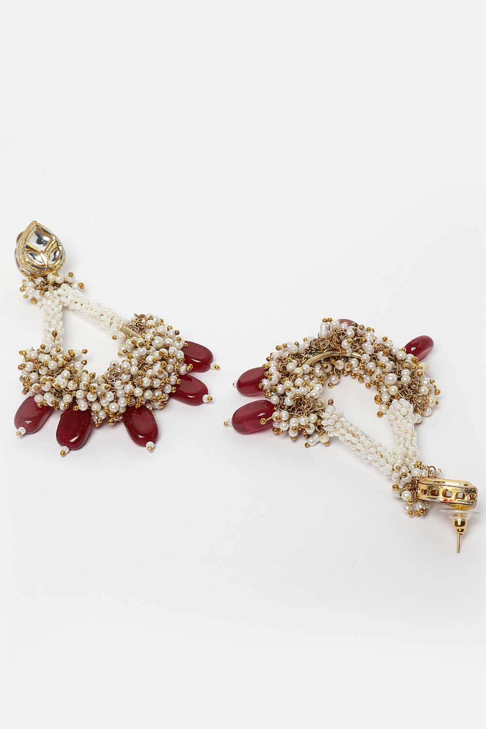 Red And Gold Gold-Plated Kundan And Pearls Chandbali Earrings