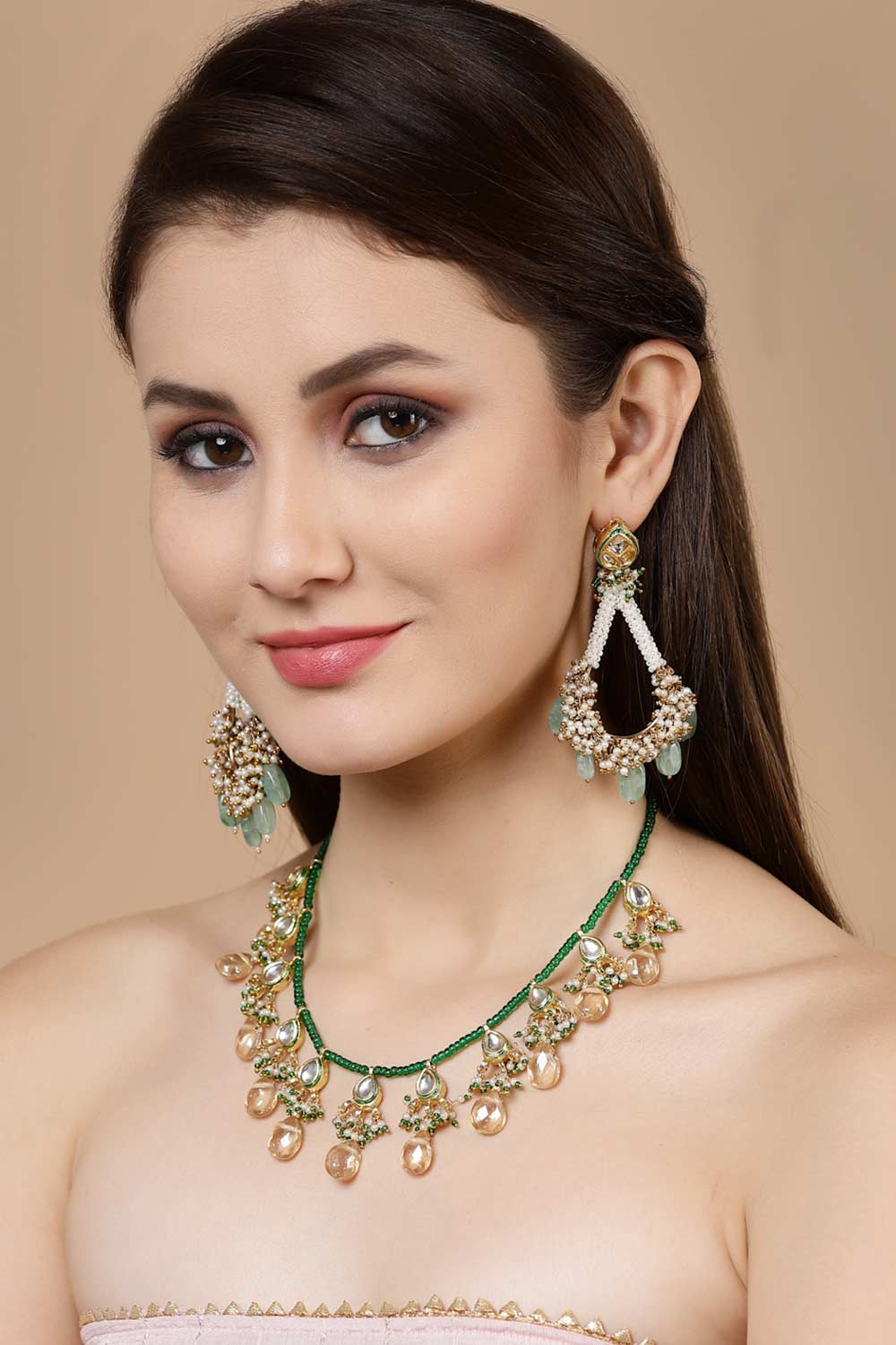 Green And Gold Gold-Plated Kundan And Pearls Chandbali Earrings