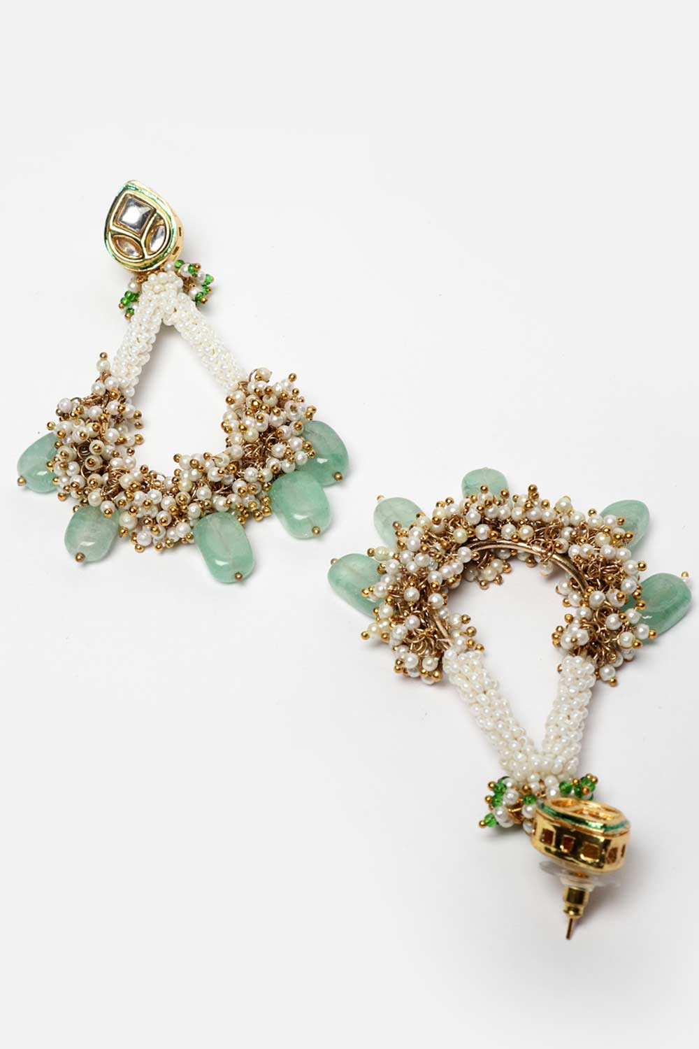 Green And Gold Gold-Plated Kundan And Pearls Chandbali Earrings