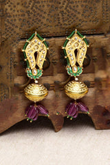 Purple And Green Gold-Plated Kundan And Pearls Chandbali Earrings