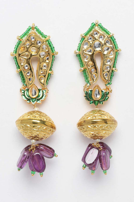 Purple And Green Gold-Plated Kundan And Pearls Chandbali Earrings