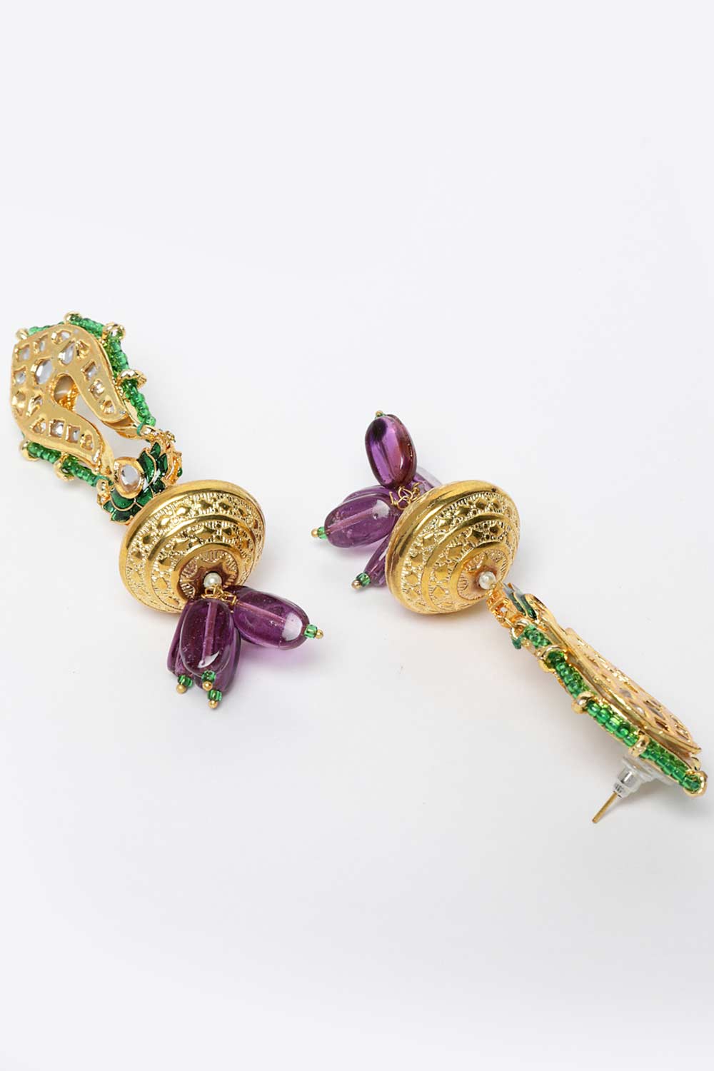 Purple And Green Gold-Plated Kundan And Pearls Chandbali Earrings