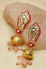 Pink And Red Gold-Plated Kundan And Pearls Chandbali Earrings