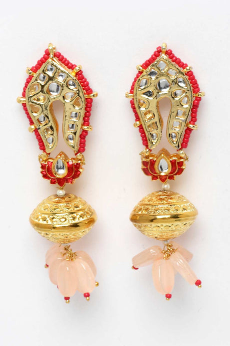 Pink And Red Gold-Plated Kundan And Pearls Chandbali Earrings