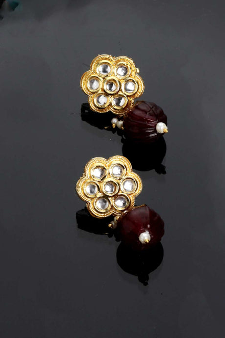 Gold And Brown Gold-Plated Kundan And Pearls Studs Non Dangling Earrings