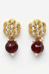 Gold And Brown Gold-Plated Kundan And Pearls Studs Non Dangling Earrings