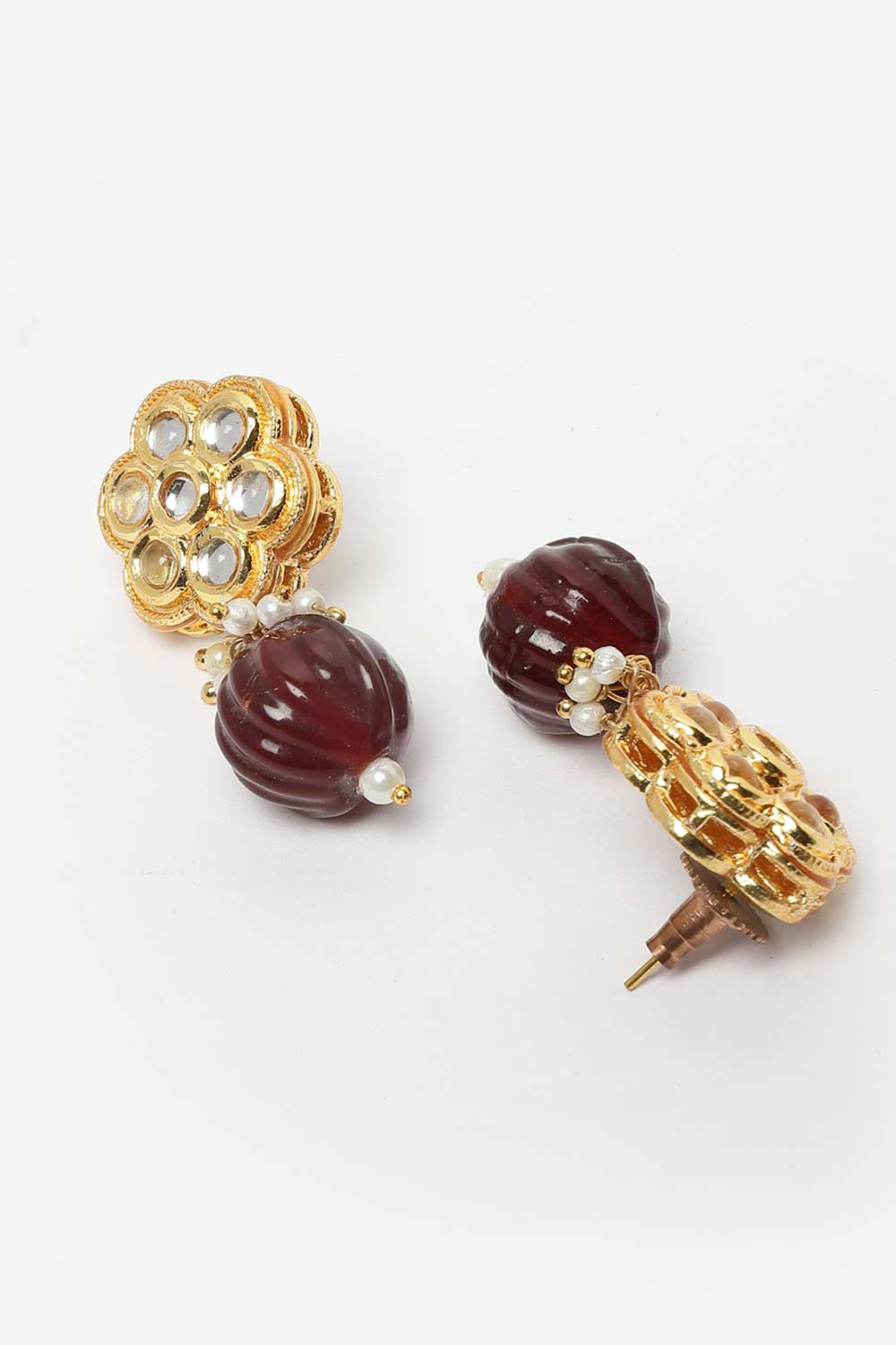 Gold And Brown Gold-Plated Kundan And Pearls Studs Non Dangling Earrings