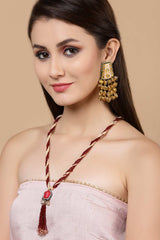 Pink And Gold Gold-Plated Kundan And Pearls Chandbali Earrings