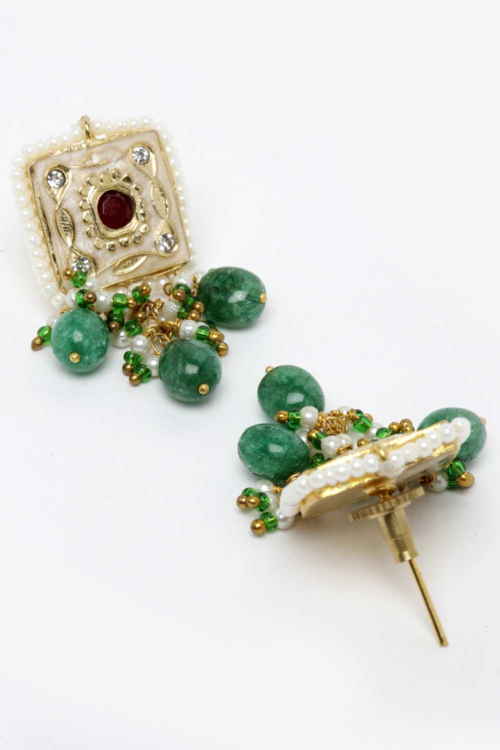 Green And Peach Gold-Plated American Diamonds And Pearls Chandbali Earrings