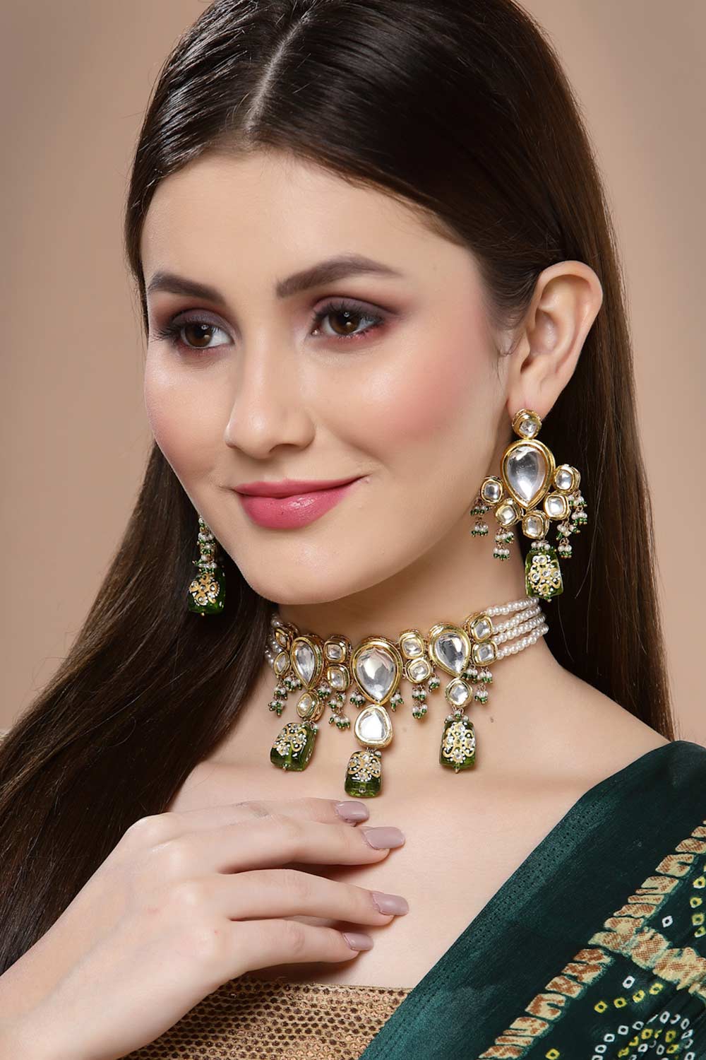 Green And Gold Gold-Plated Kundan And Pearls Drop Earrings