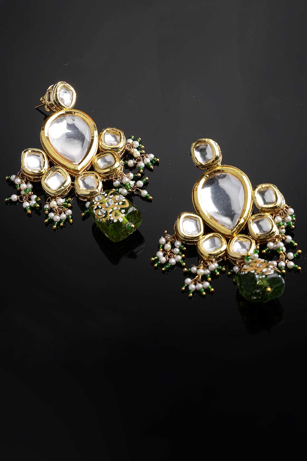 Green And Gold Gold-Plated Kundan And Pearls Drop Earrings