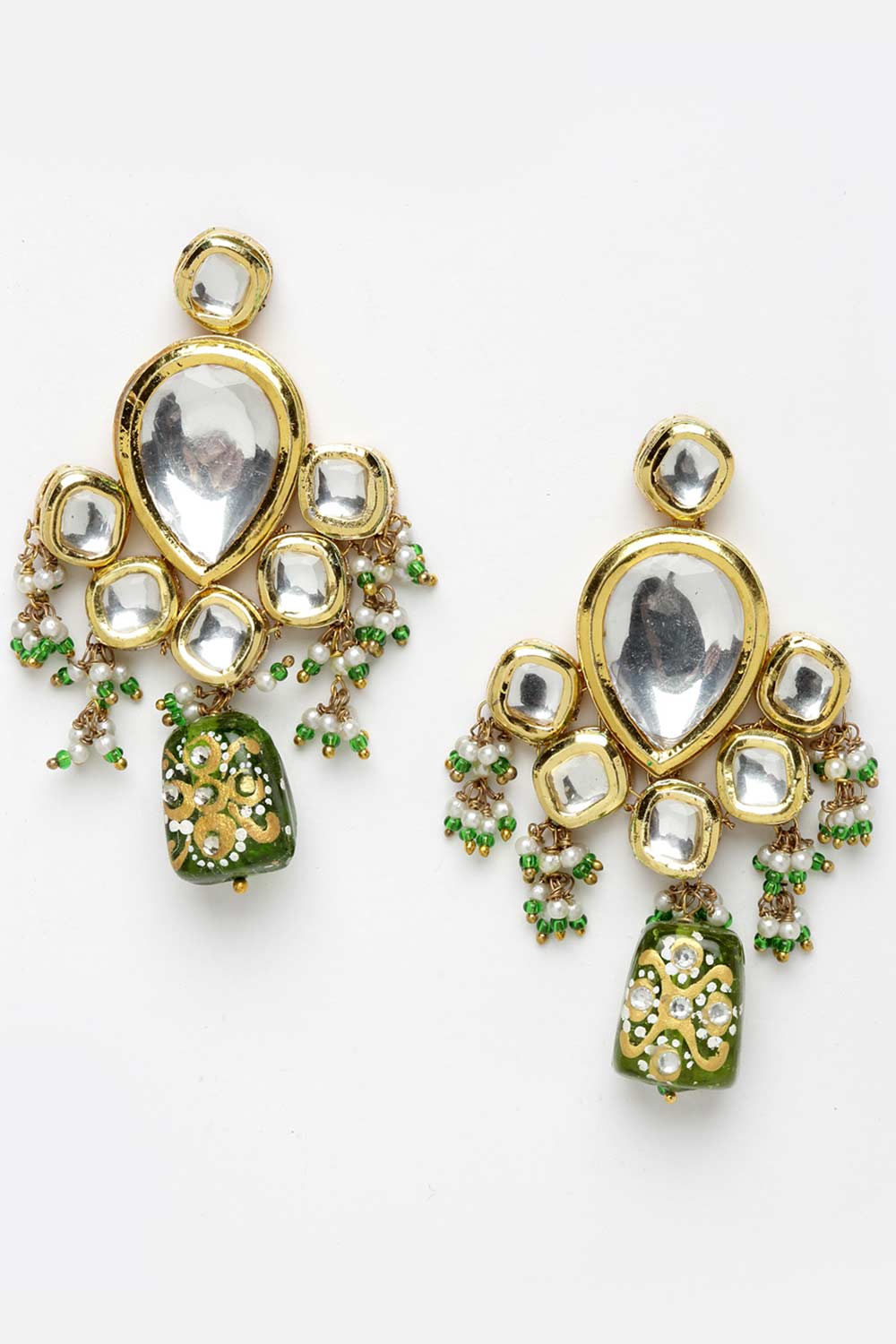 Green And Gold Gold-Plated Kundan And Pearls Drop Earrings