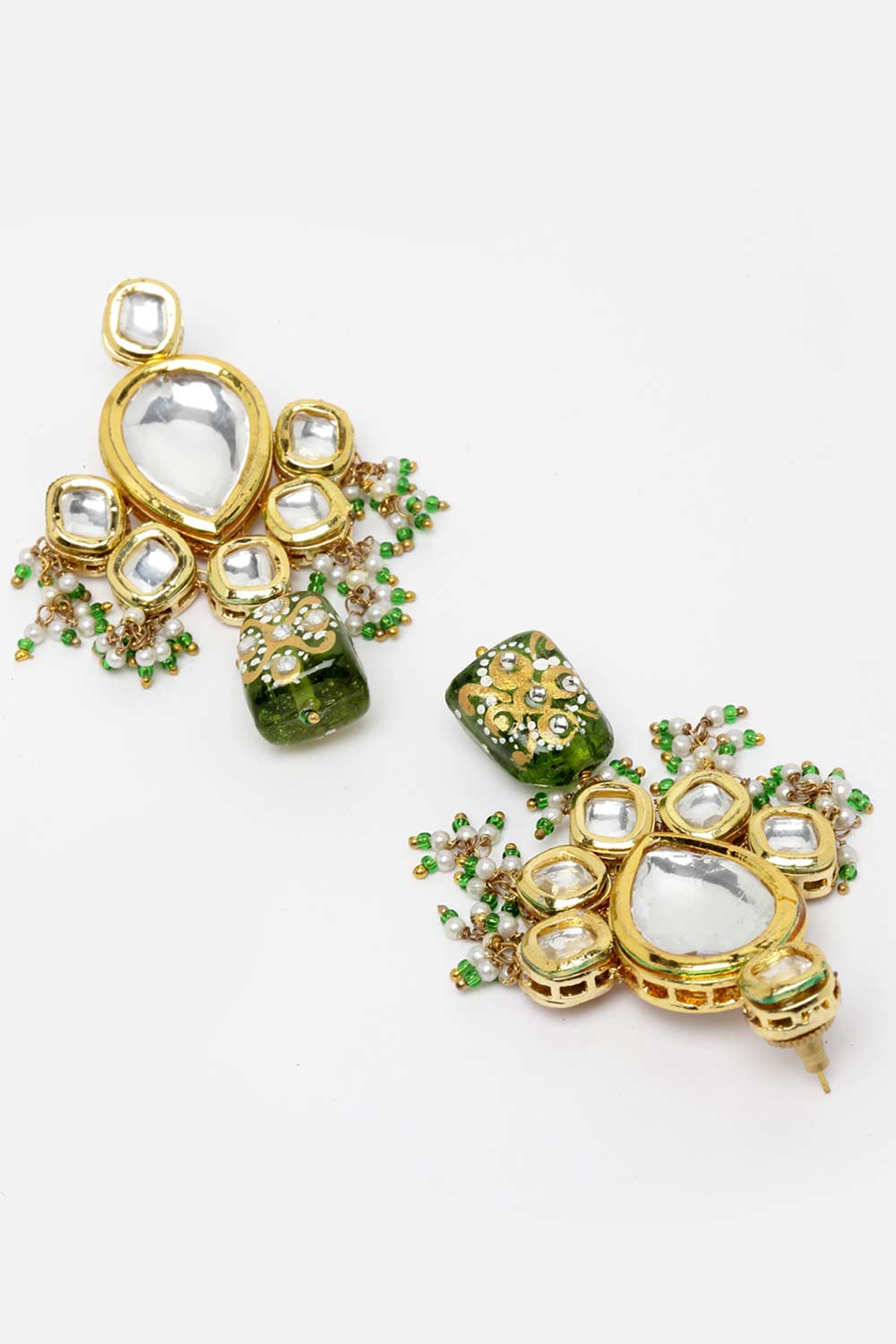 Green And Gold Gold-Plated Kundan And Pearls Drop Earrings