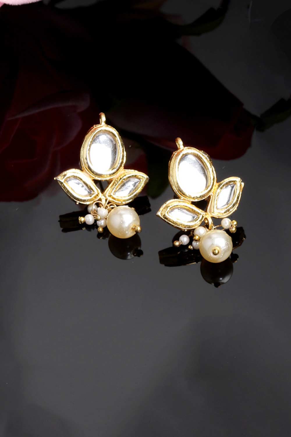 Gold And Cream Gold-Plated Kundan And Pearls Drop Earrings