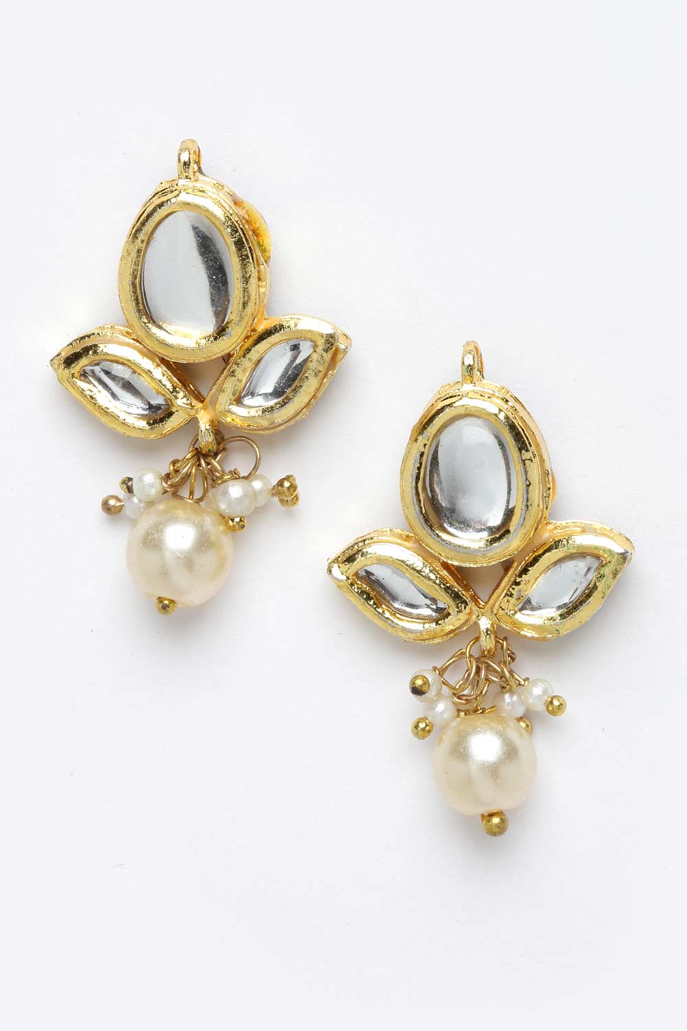 Gold And Cream Gold-Plated Kundan And Pearls Drop Earrings