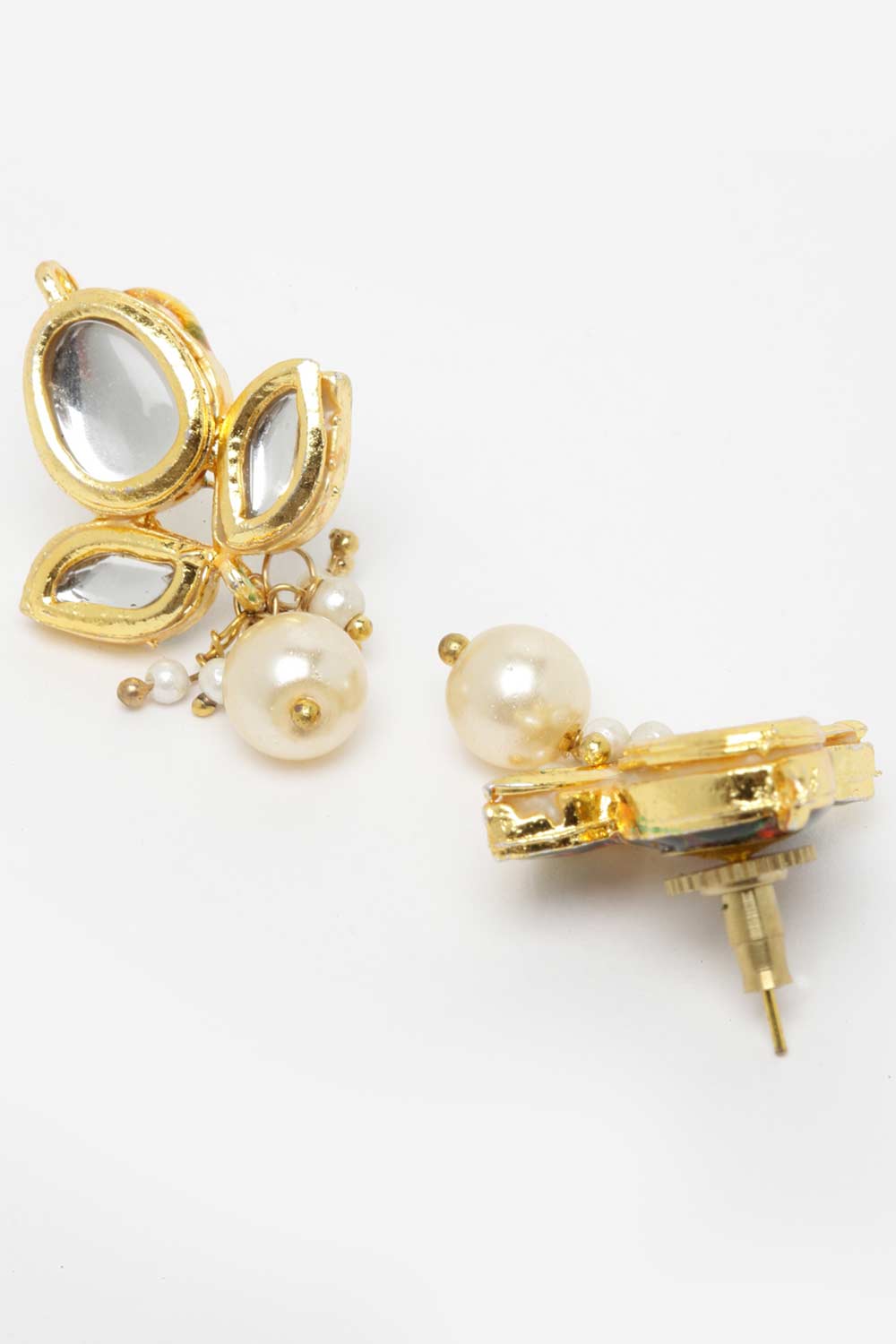 Gold And Cream Gold-Plated Kundan And Pearls Drop Earrings