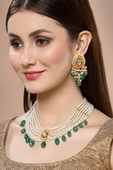 Orange And Green Gold-Plated Kundan And Pearls Chandbali Earrings