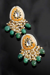 Orange And Green Gold-Plated Kundan And Pearls Chandbali Earrings