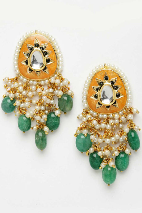 Orange And Green Gold-Plated Kundan And Pearls Chandbali Earrings