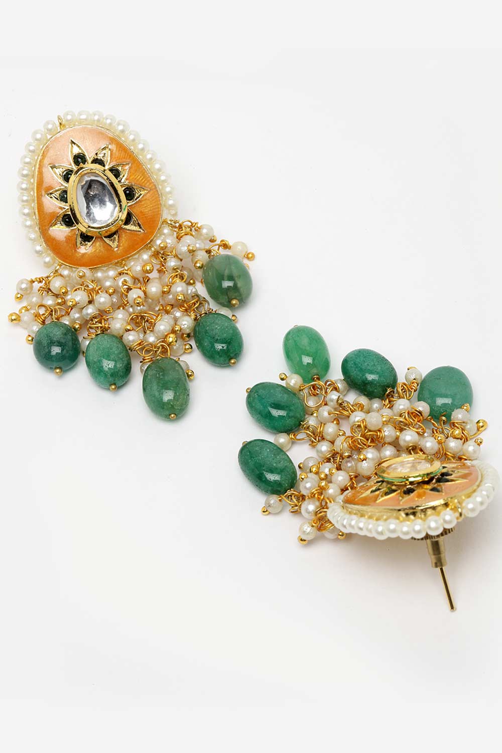 Orange And Green Gold-Plated Kundan And Pearls Chandbali Earrings