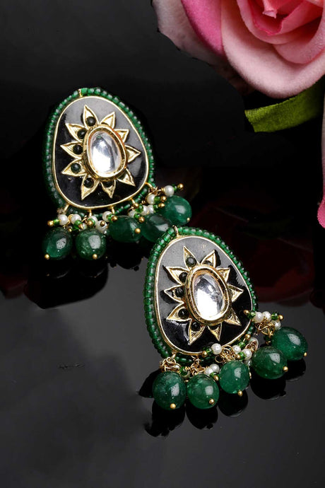 Black And Green Gold-Plated Kundan And Pearls Chandbali Earrings