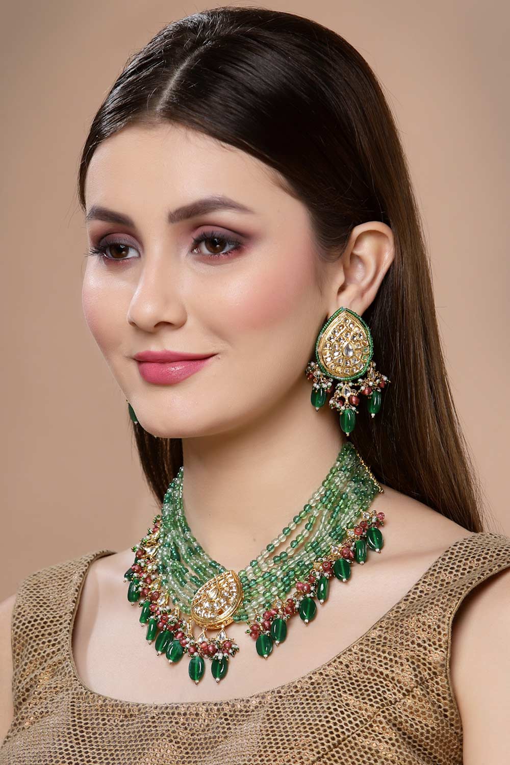 Green And Pink Gold-Plated Kundan And Pearls Drop Earrings