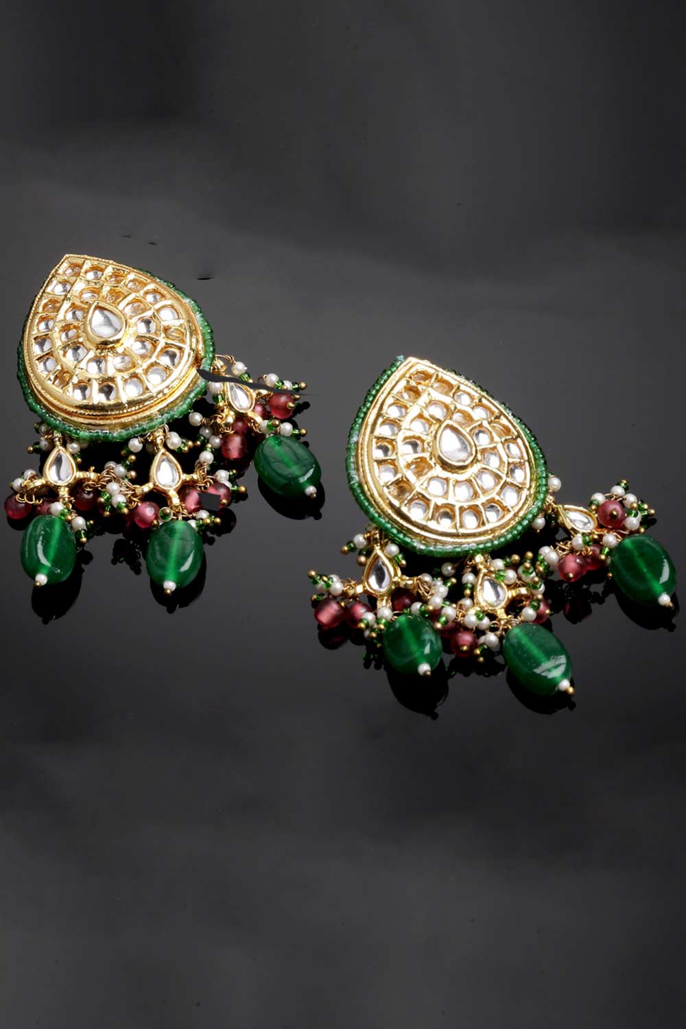 Green And Pink Gold-Plated Kundan And Pearls Drop Earrings