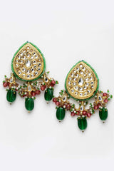 Green And Pink Gold-Plated Kundan And Pearls Drop Earrings