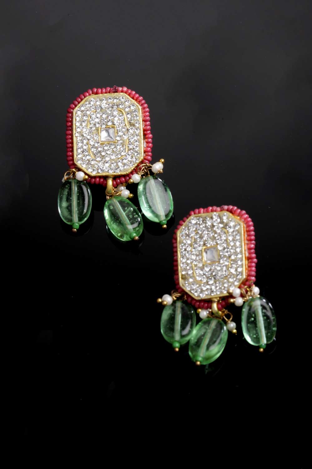 Green And Pink Gold-Plated Kundan And American Diamonds Drop Earrings