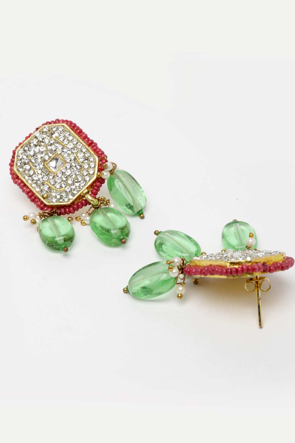 Green And Pink Gold-Plated Kundan And American Diamonds Drop Earrings