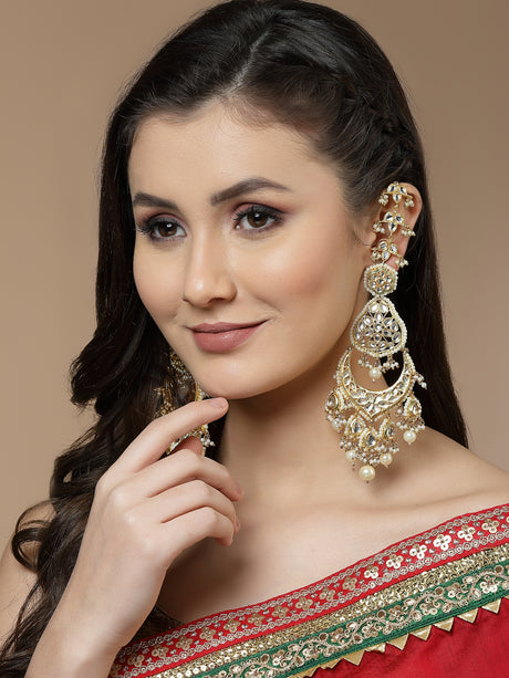 Buy Cream and White Gold-Plated Kundan and Pearls Drop Earring Online