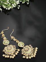 Green And Brown Gold-Plated Kundan And Pearls Drop Earring