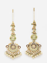 Green And Brown Gold-Plated Kundan And Pearls Drop Earring