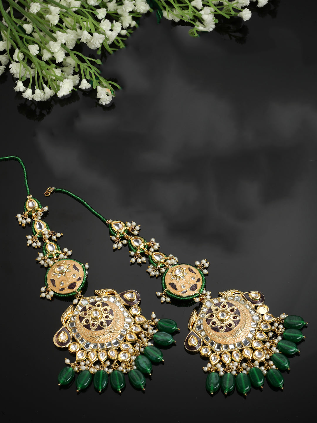 Green And Peach Gold-Plated Kundan And Pearls Drop Earring