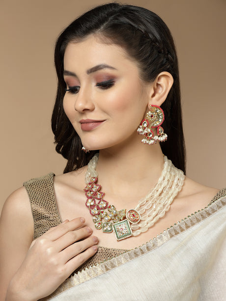 Buy Red and White Gold-Plated Kundan and Pearls Drop Earring Online
