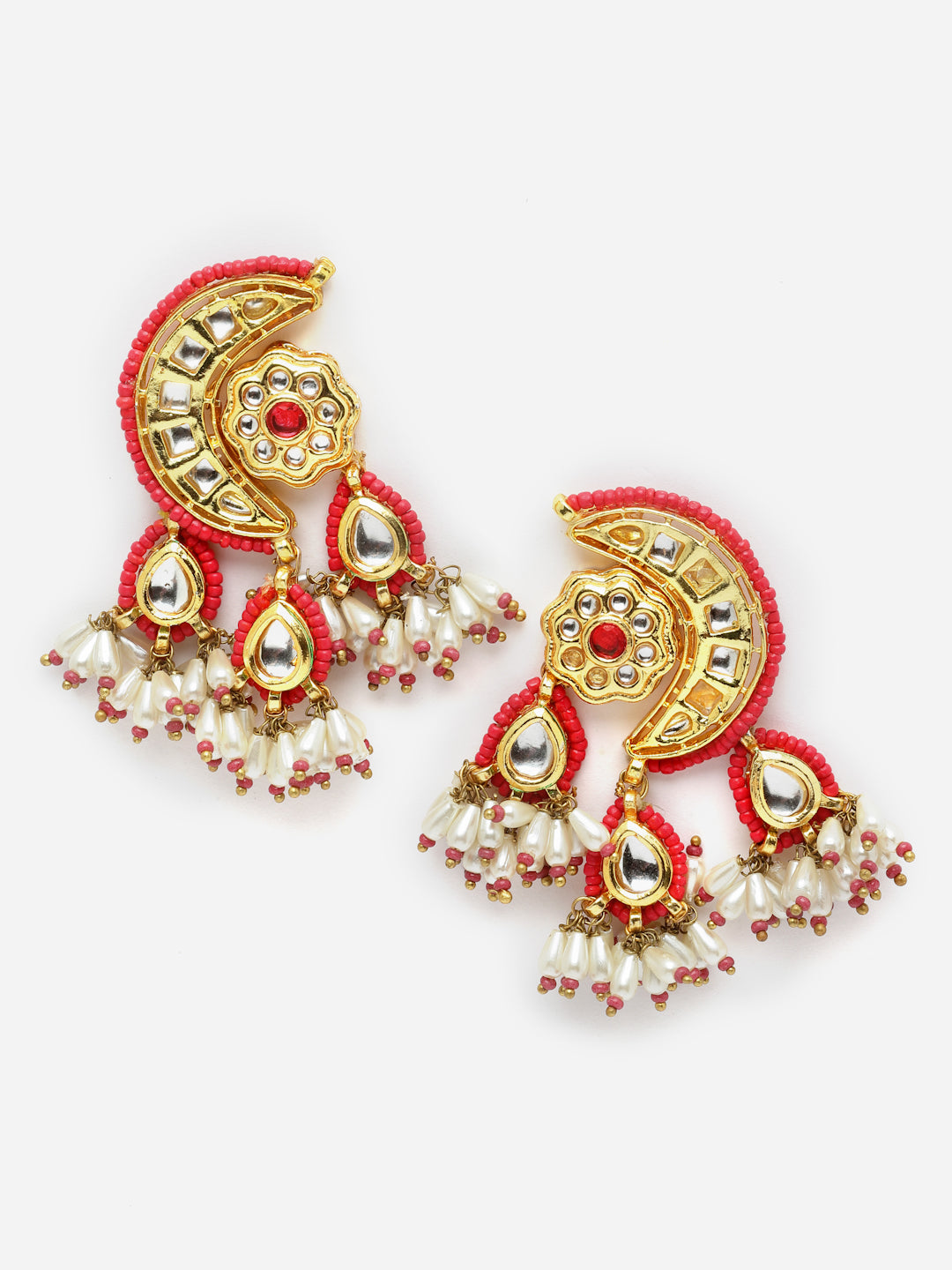 Red And White Gold-Plated Kundan And Pearls Drop Earring