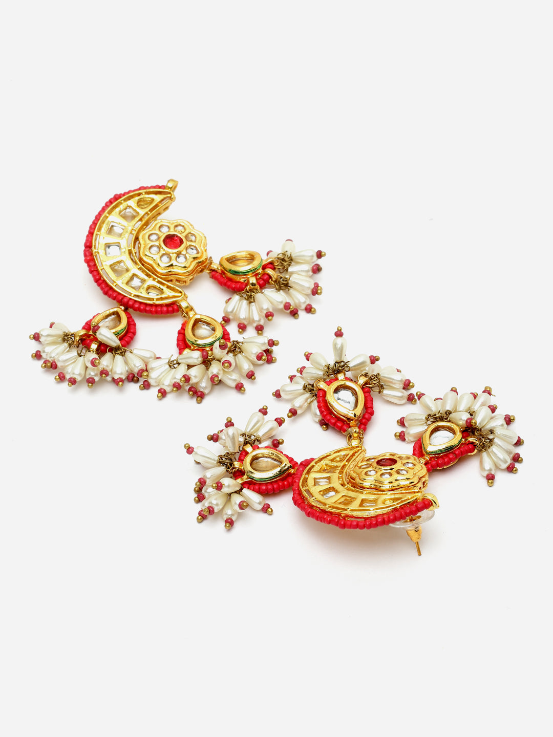 Red And White Gold-Plated Kundan And Pearls Drop Earring