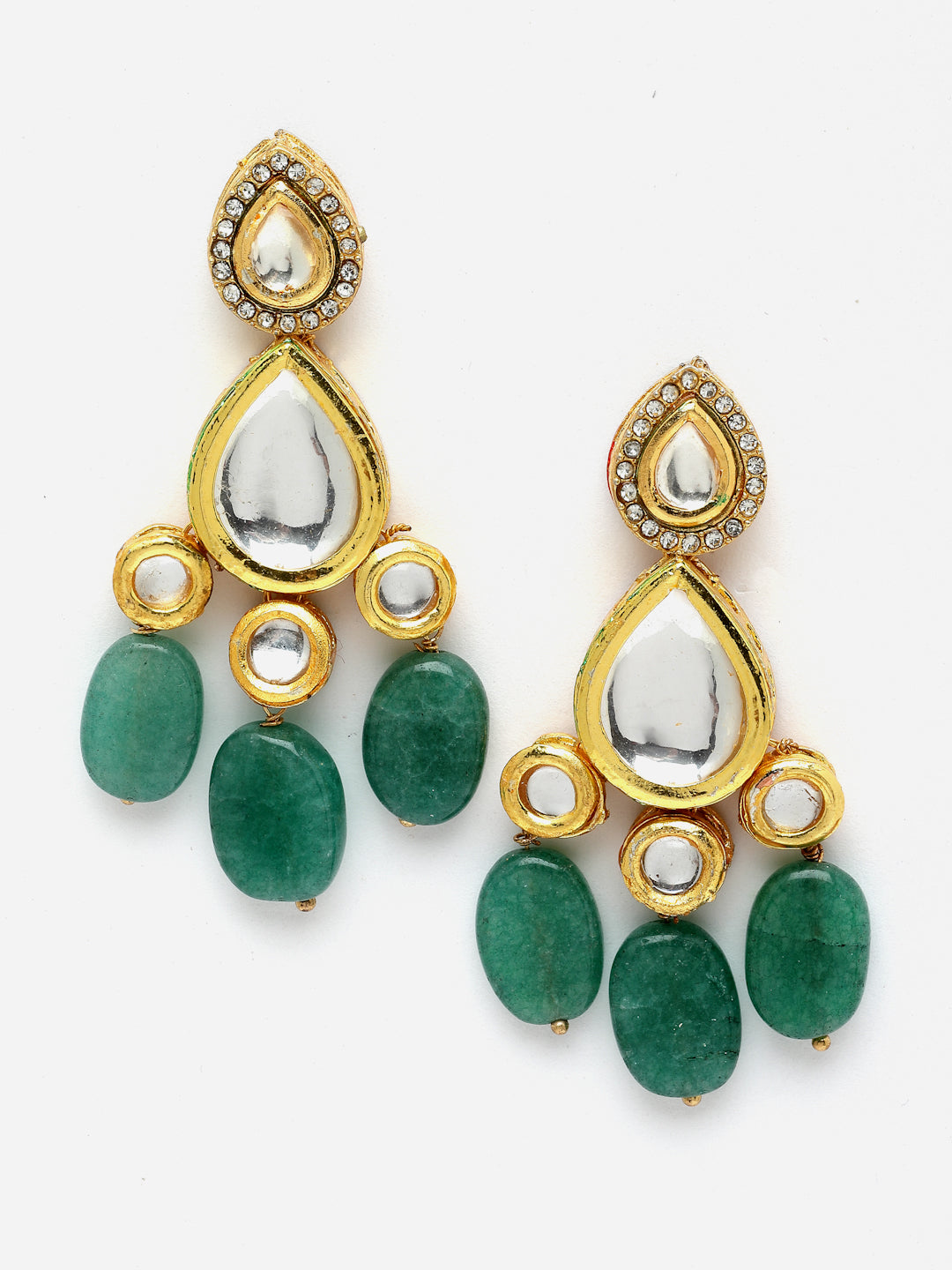 Green And White Gold-Plated Kundan And Pearls Drop Earring