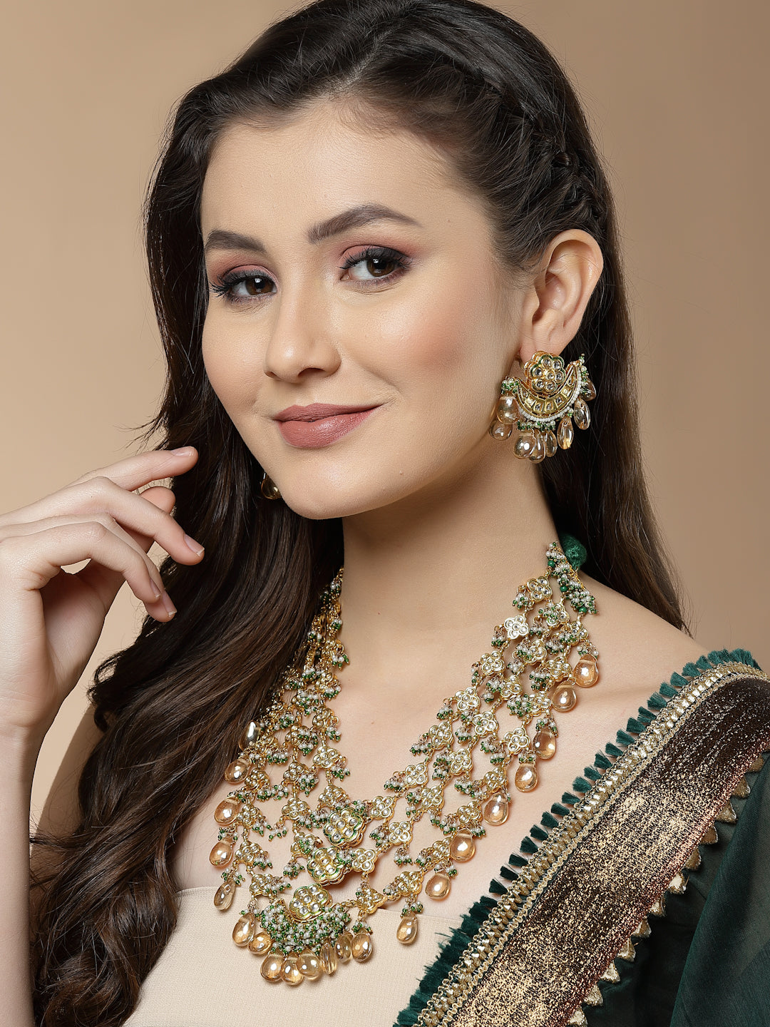 Buy Yellow and Green Gold-Plated Kundan and Pearls Drop Earring Online