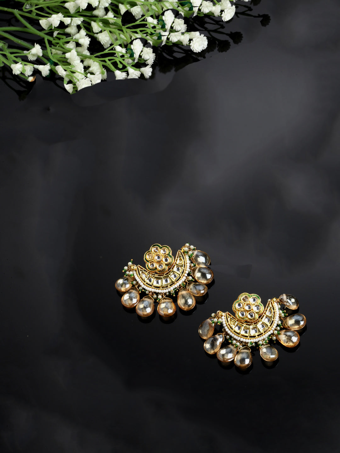 Yellow And Green Gold-Plated Kundan And Pearls Drop Earring