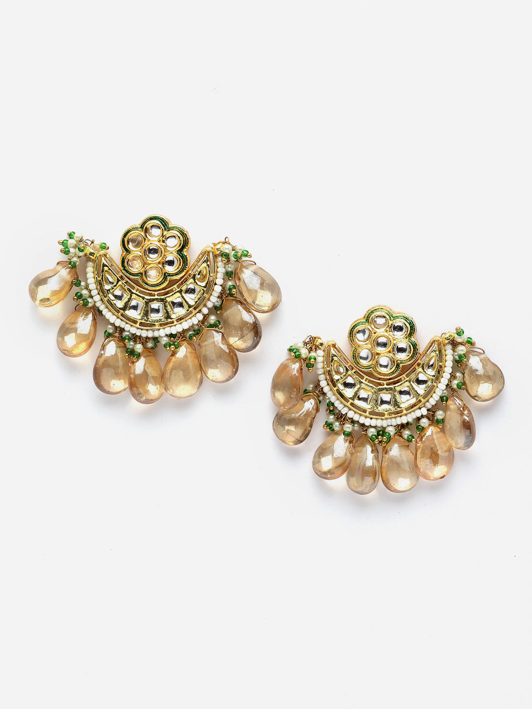 Yellow And Green Gold-Plated Kundan And Pearls Drop Earring