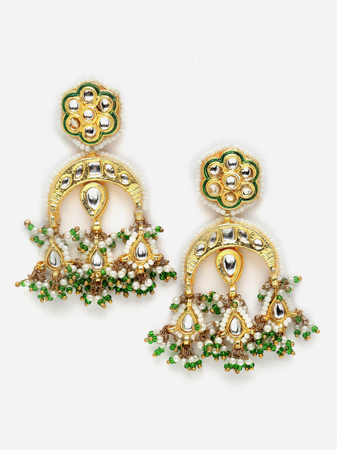 Green And White Gold-Plated Kundan And Pearls Drop Earring