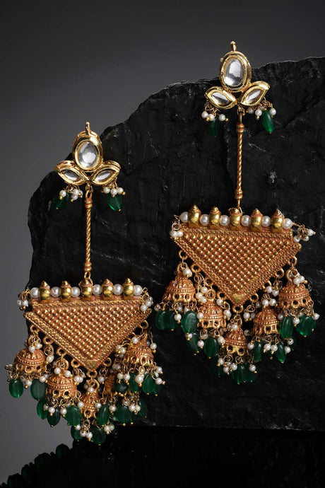 Green And Gold Kundan And Pearls Drop Earring