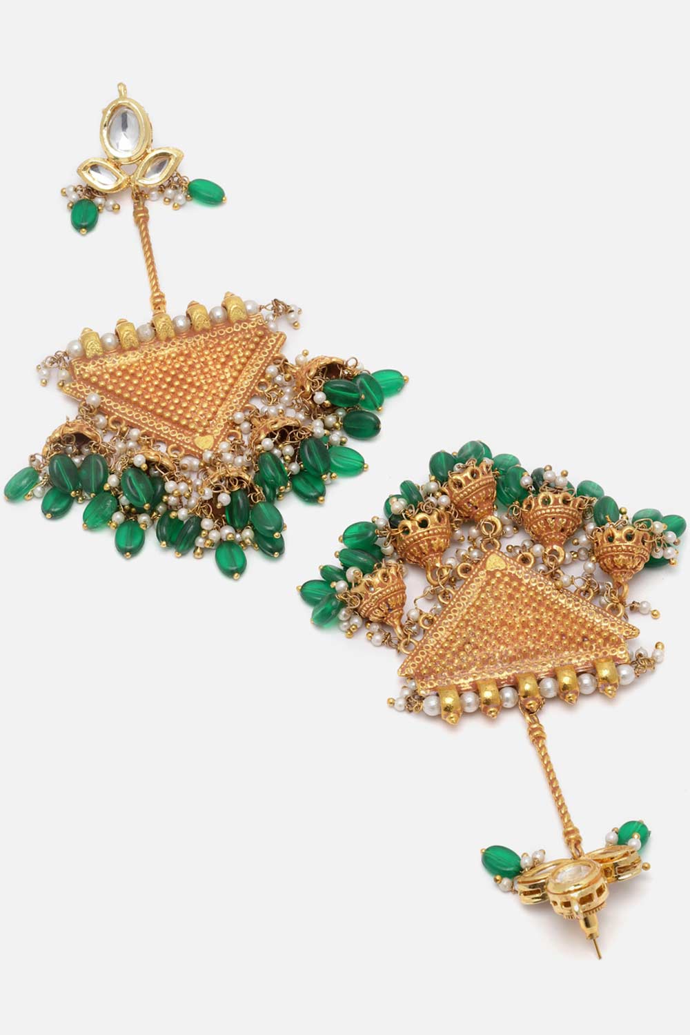 Green And Gold Kundan And Pearls Drop Earring