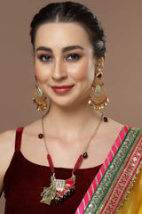 Gold And Red Kundan And American Diamonds Drop Earring