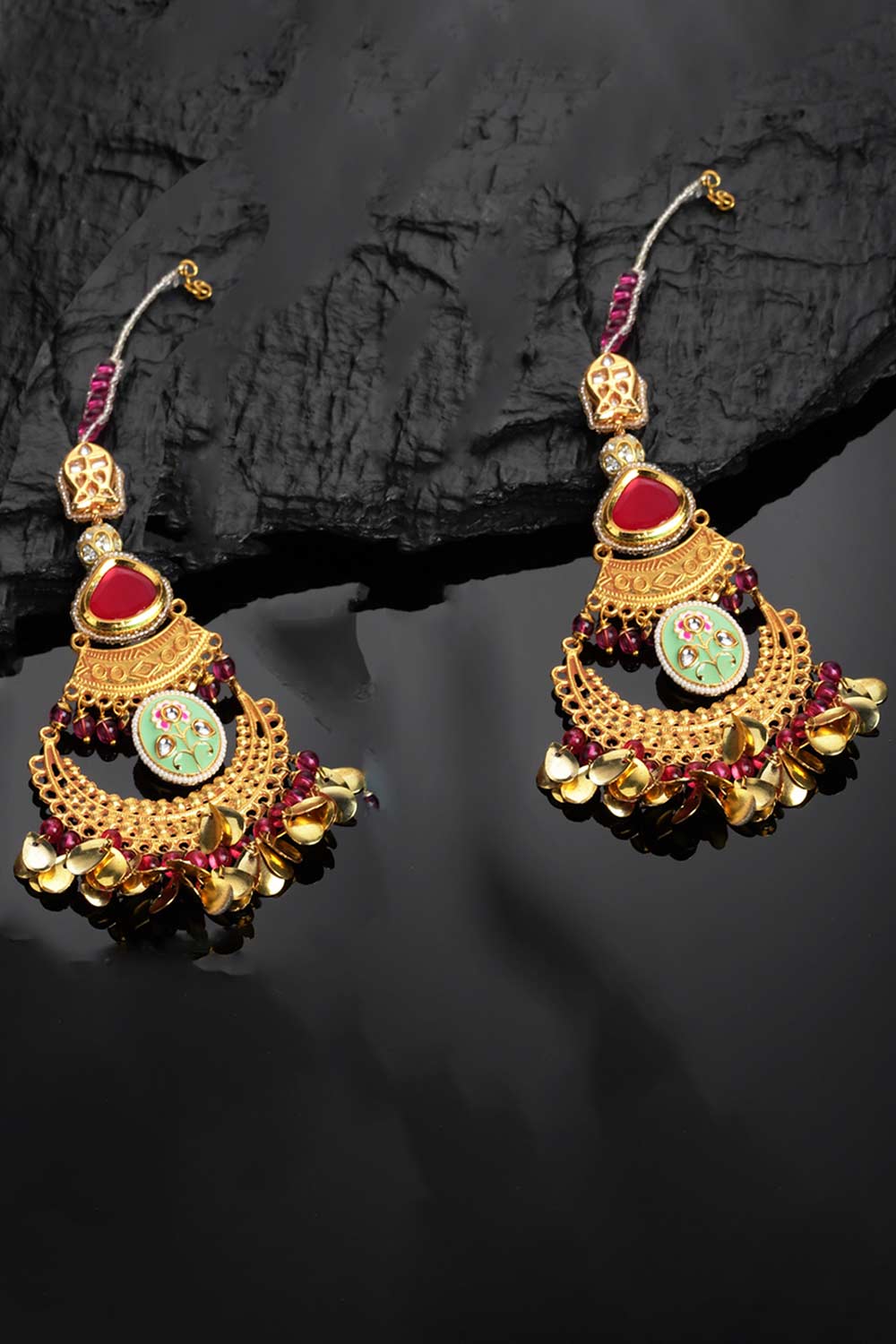 Gold And Red Kundan And American Diamonds Drop Earring