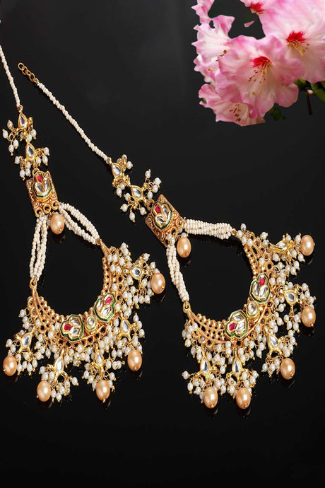 Gold And White Chandbali Earring With Kundan And Pearls