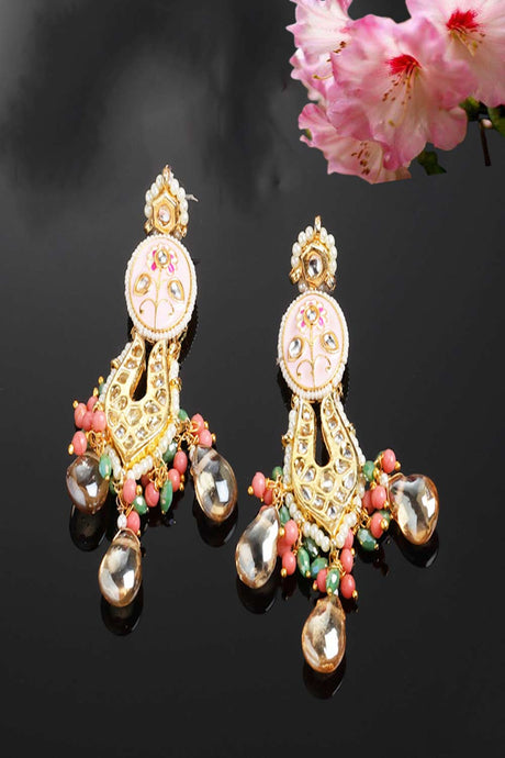 Pink And White Drop Earring With Kundan And Pearls