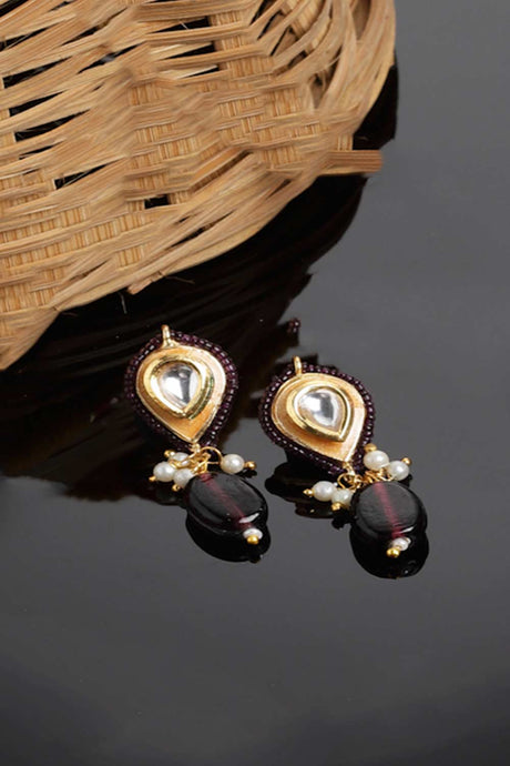 Purple Drop Earring With Kundan And Pearls